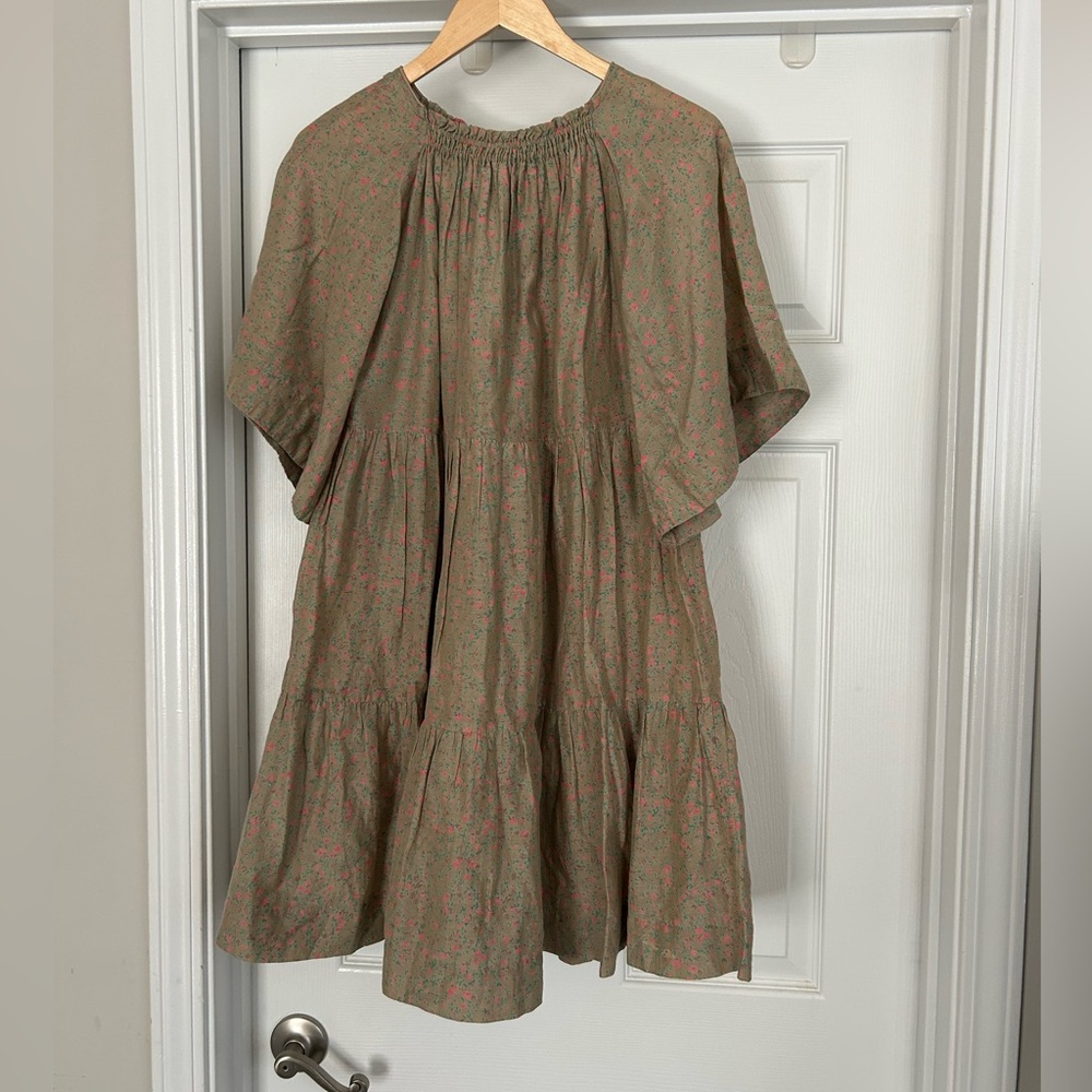 Women’s Olive Green Floral Mini Dress - Relaxed Tiered Silhouette